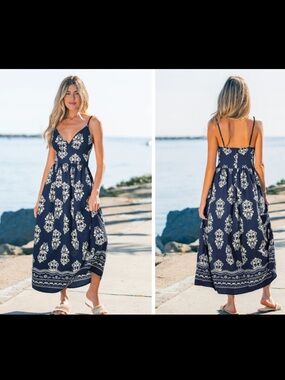 Cupshe Navy & White Floral Maxi Dress with Spaghetti Straps